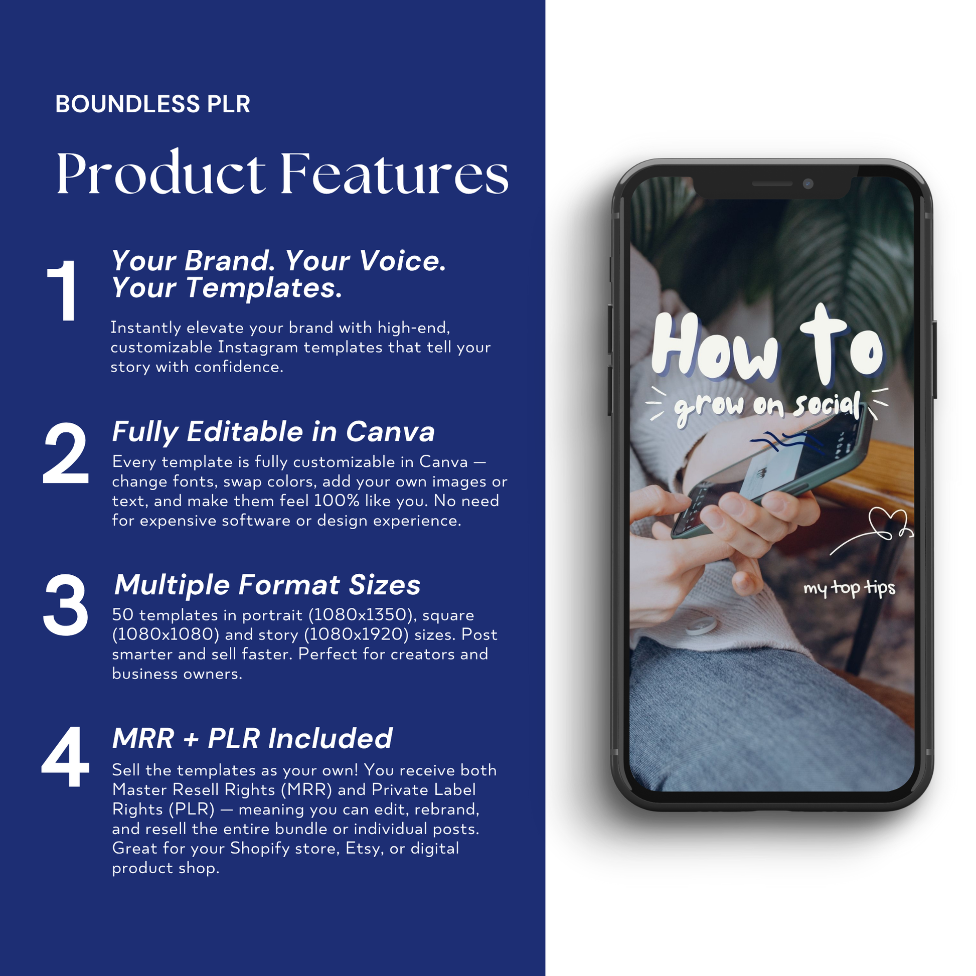 100+ Blue Instagram Carousel Templates, Faceless Marketing, MRR PLR Canva Editable Boundless PLR