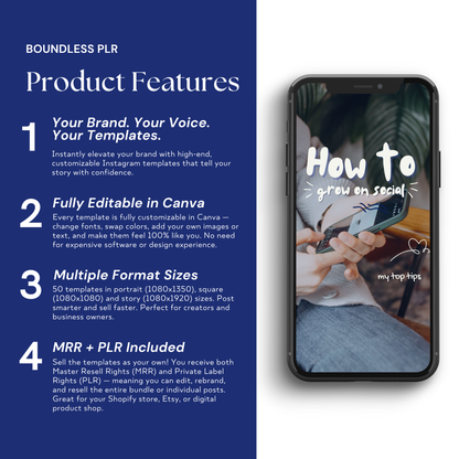 100+ Blue Instagram Carousel Templates, Faceless Marketing, MRR PLR Canva Editable Boundless PLR