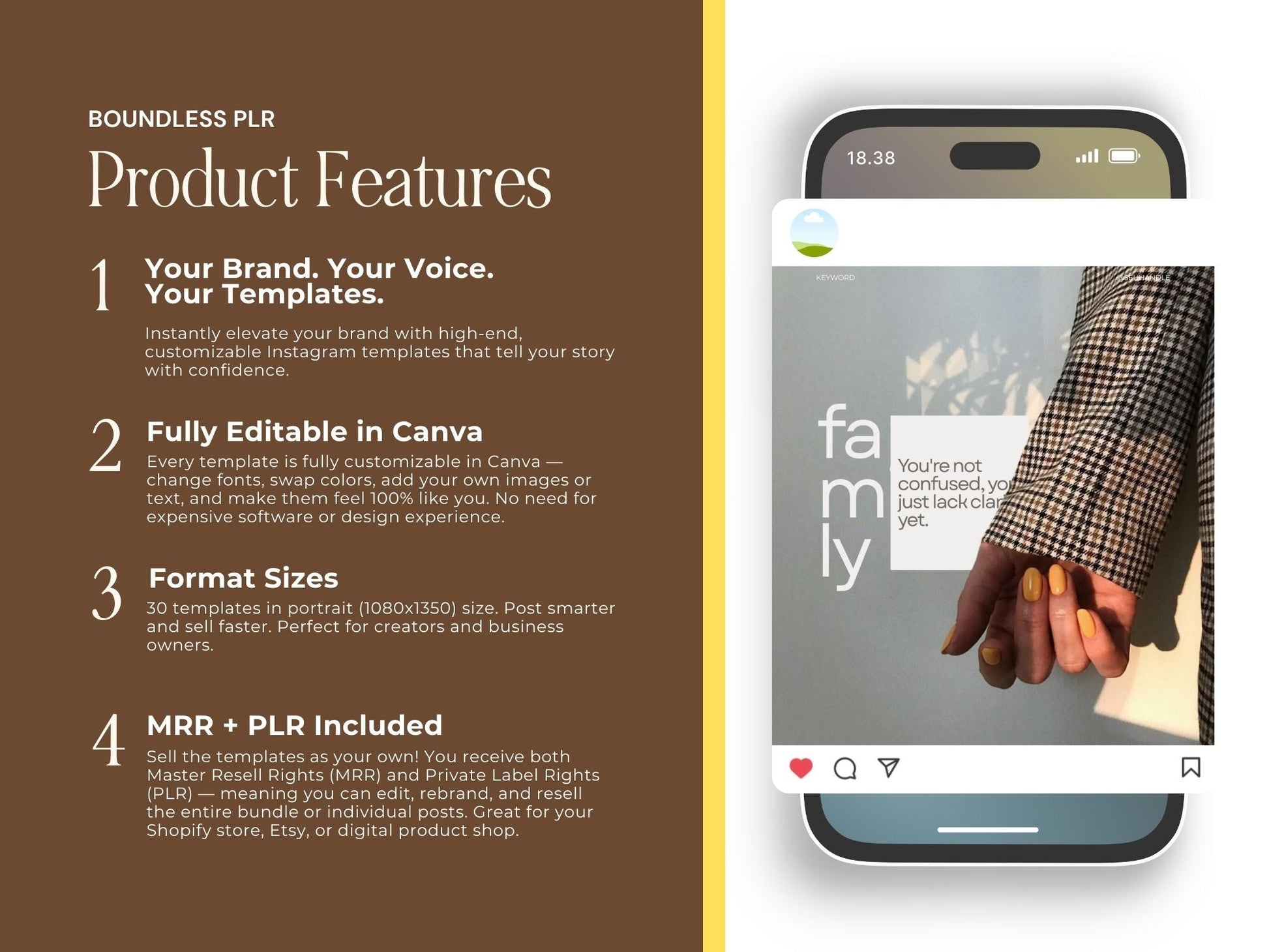 30 Yellow Instagram Templates Canva | PLR MRR Resell Rights | Social Media Posts | Digital Product Seller | 1080x1350 & 1080x1440 Boundless PLR