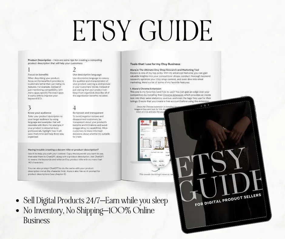 Etsy Guide book and digital guide on a tablet with promotional text.