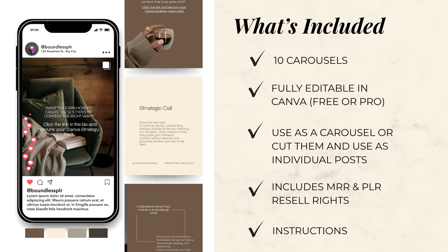 PLR Canva Carousel Templates — Authority Marketing Carousel Bundle | 10 Pre-Written Social Media Templates with MRR Resell Rights Boundless PLR