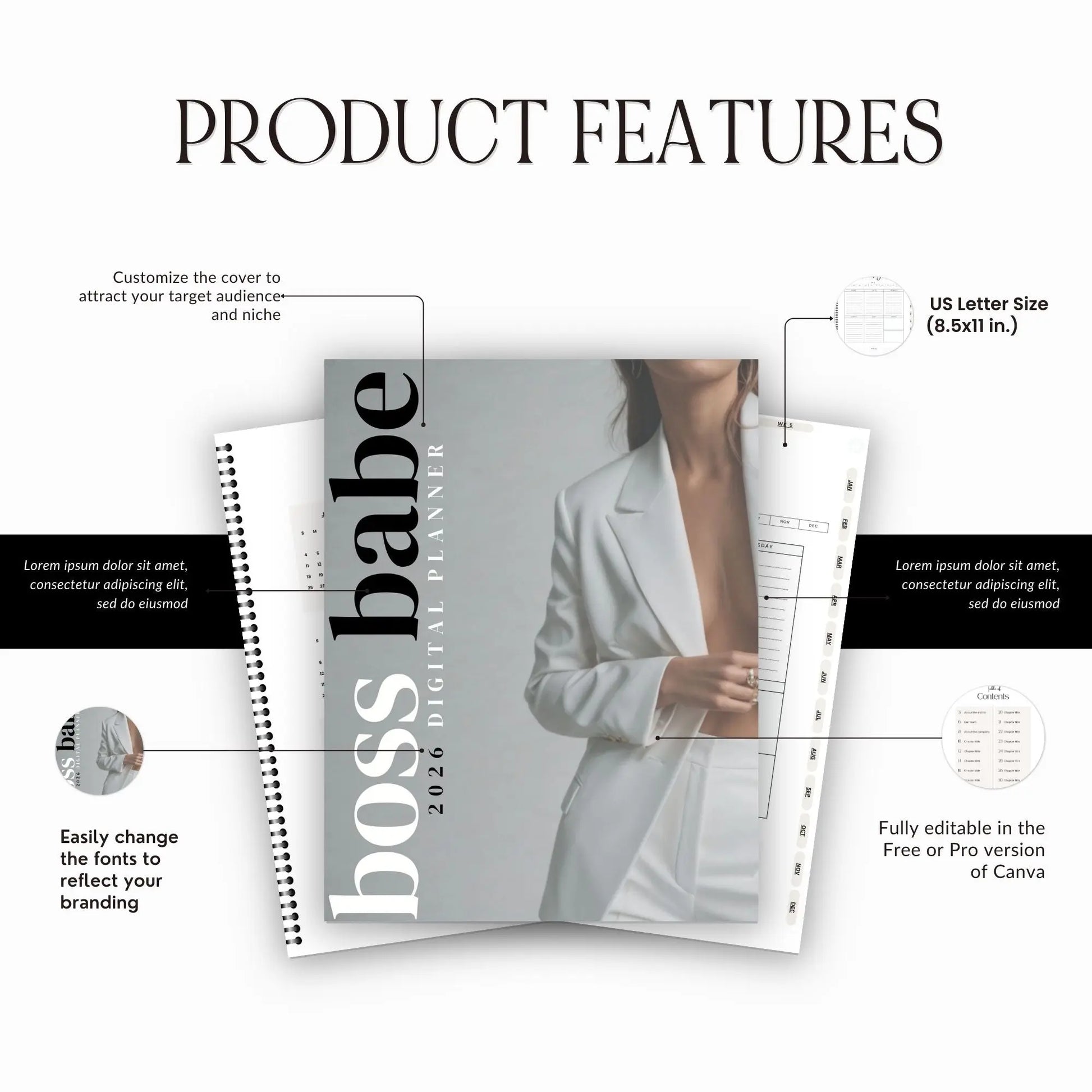 2026 Boss Babe Digital Planner – Canva Editable Template (89 Pages) | PLR + MRR Resell Rights Boundless PLR