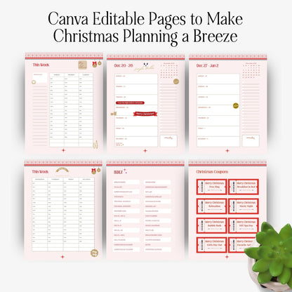 Six Canva-editable Christmas planner pages featuring weekly schedules, dated December 2026 layouts, a hyperlinked index and printable Christmas coupons.