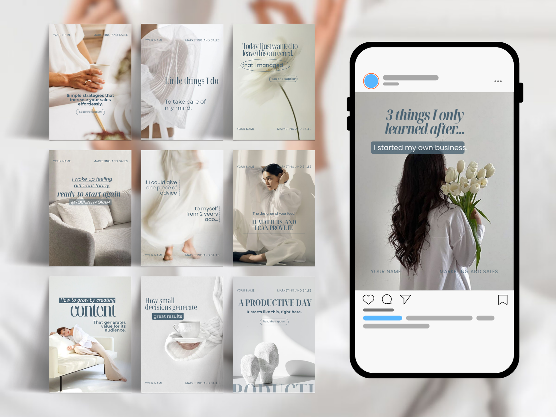 Instagram Templates Canva | PLR MRR Resell Rights | Social Media Templates | Marketing Coach | Blue White Aesthetic | 1080x1350 & 1080x1440 Boundless PLR