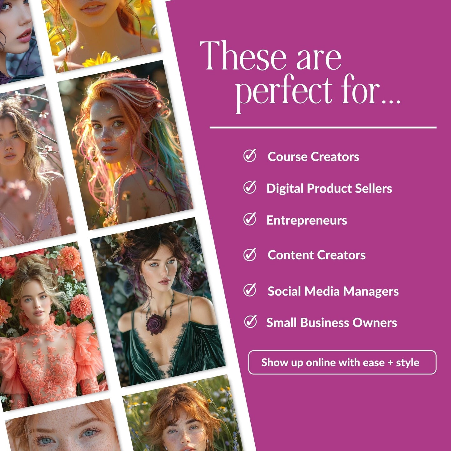 Feminine AI Stock Images Bundle | 3 Sizes: Portrait, Story, Square | PLR MRR Boundless PLR