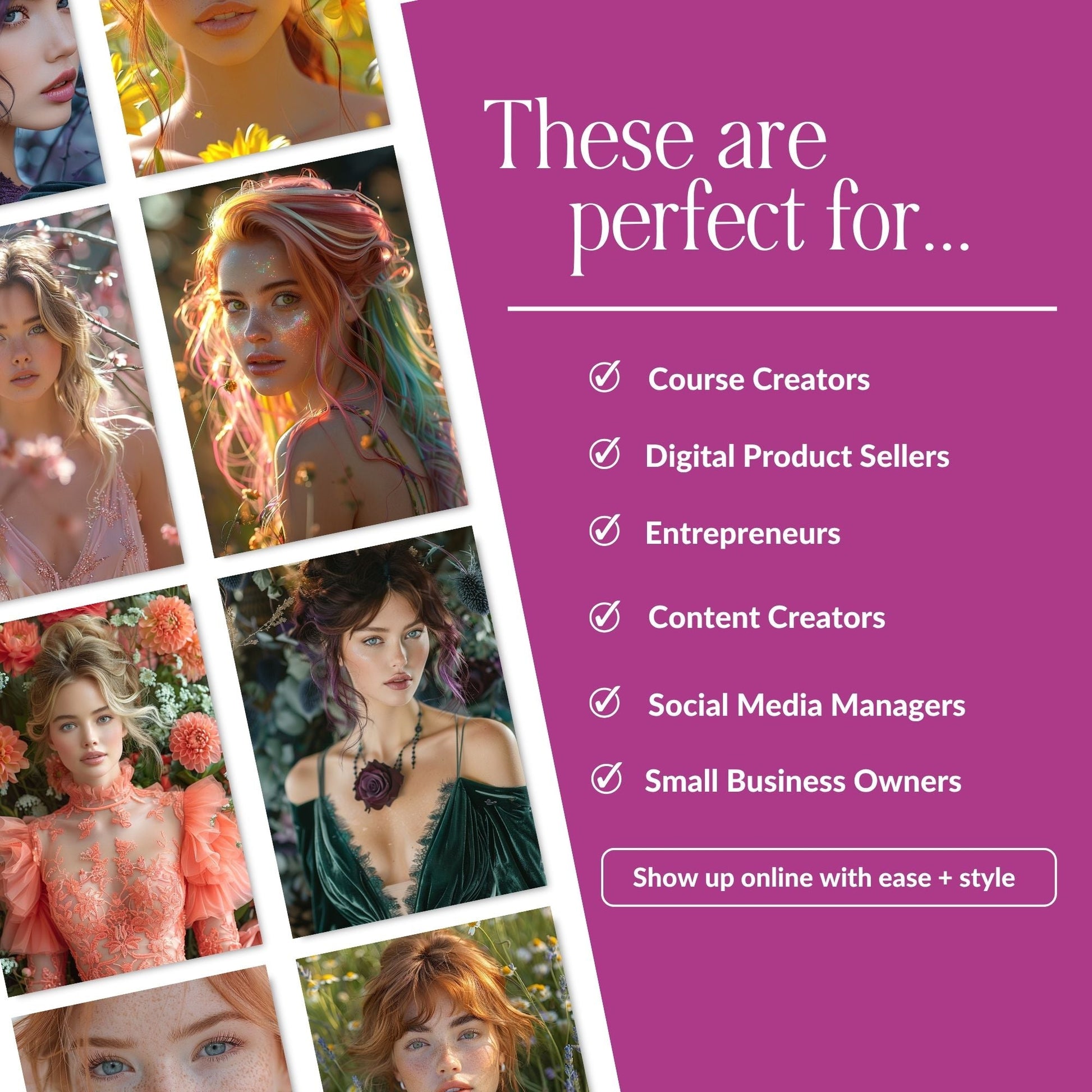 Feminine AI Stock Images Bundle | 3 Sizes: Portrait, Story, Square | PLR MRR Boundless PLR