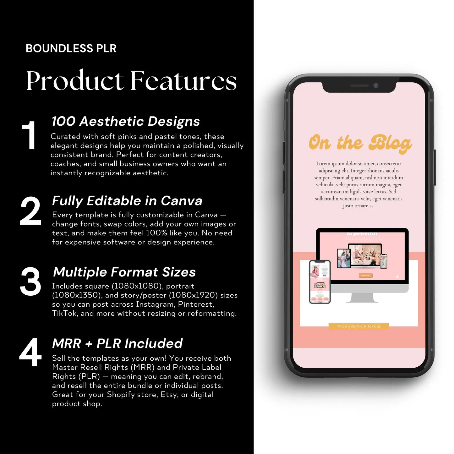 Pastel Pink Instagram Templates — 100 Canva Editable with PLR & MRR Rights Boundless PLR