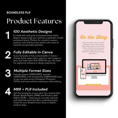 Pastel Pink Instagram Templates — 100 Canva Editable with PLR & MRR Rights Boundless PLR