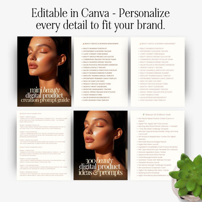 Beauty Digital Product Ideas + Prompts Bundle (300) | Canva Editable | PLR + MRR Resell Rights