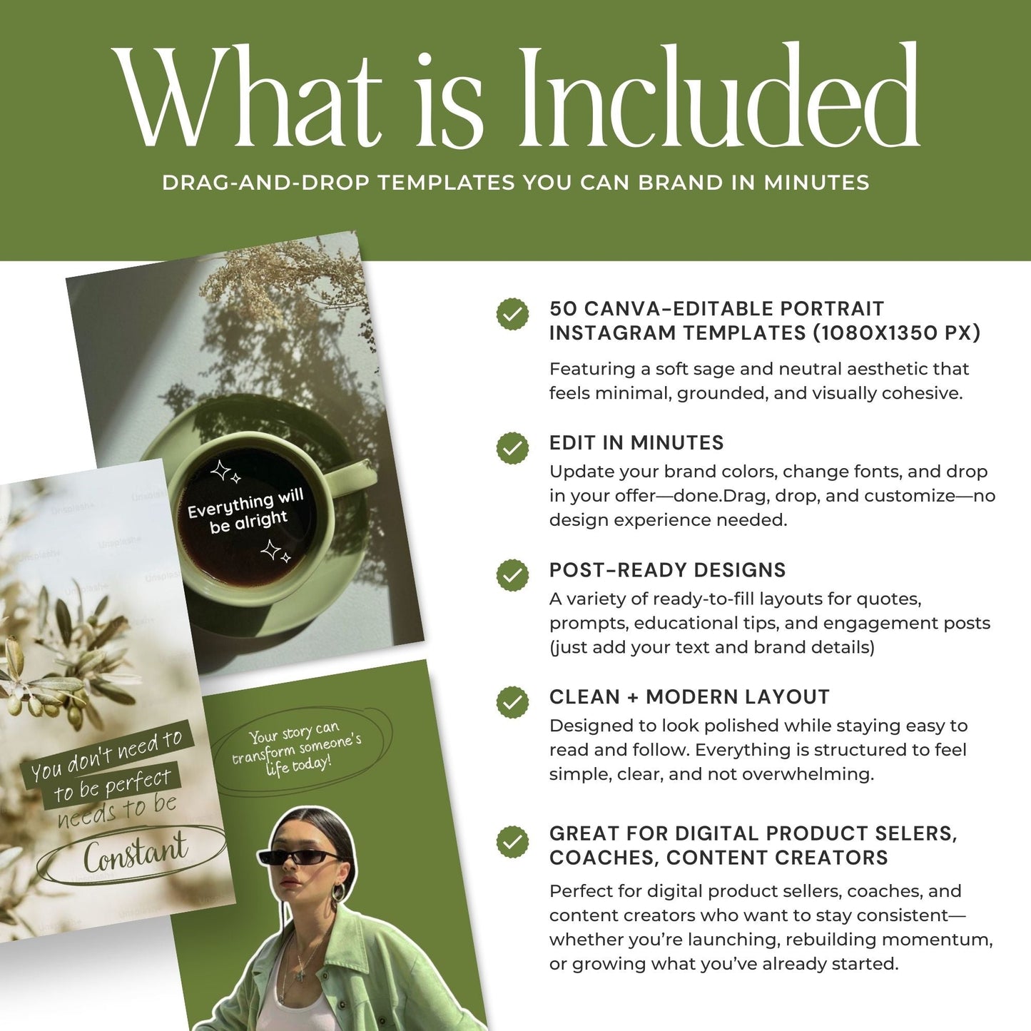 Sage Aesthetic Instagram Templates (Portrait) | 50 Canva Templates | MRR + PLR Boundless PLR