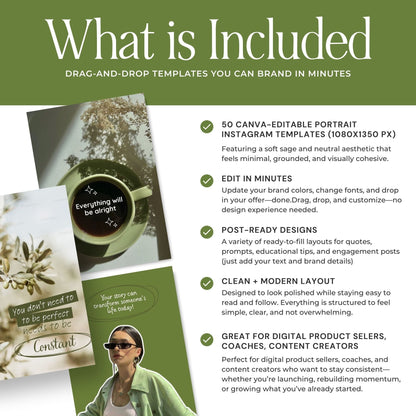 Sage Aesthetic Instagram Templates (Portrait) | 50 Canva Templates | MRR + PLR Boundless PLR