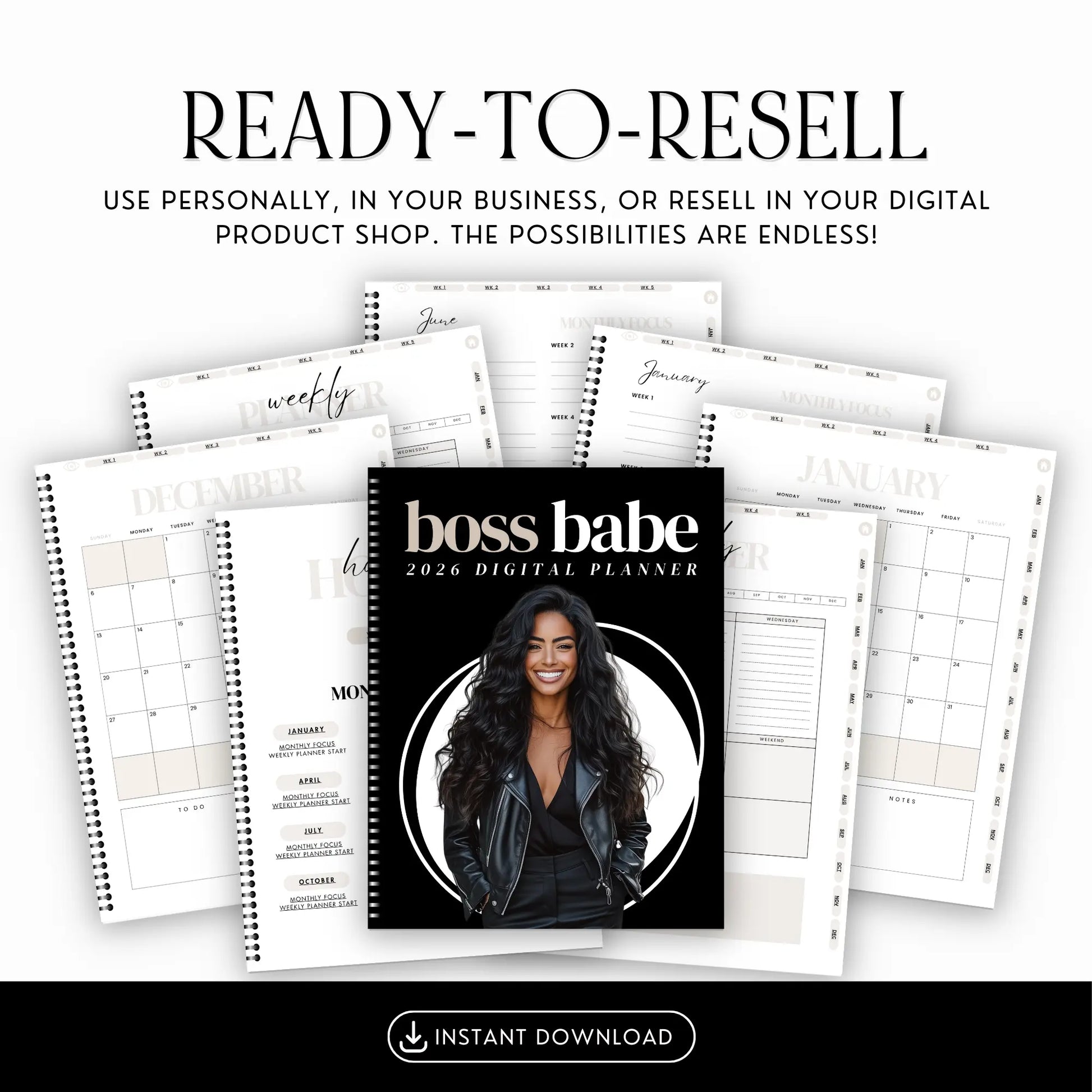Boss Babe 2026 Digital Planner – Hyperlinked Canva Template with 4 Covers (GoodNotes & Notability Ready) Boundless PLR