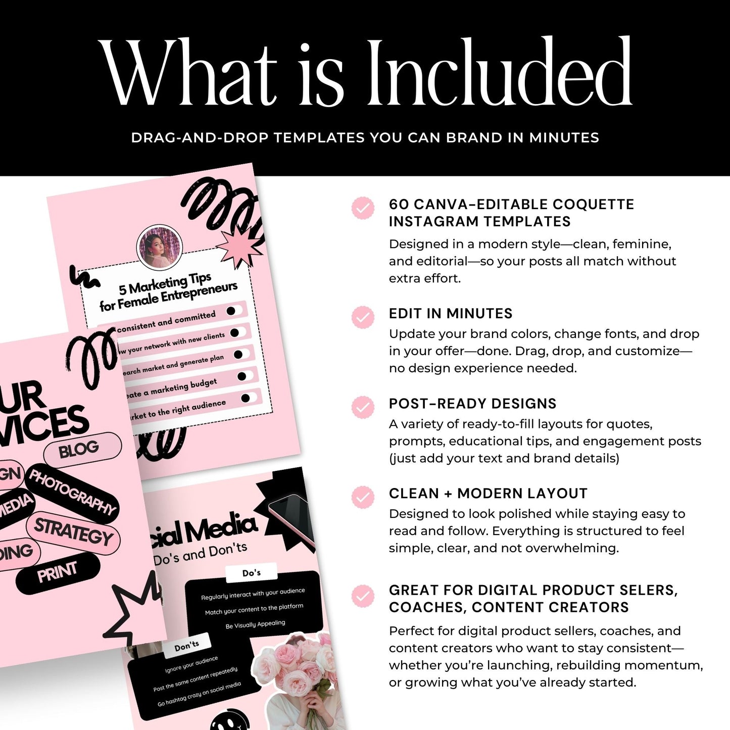 Instagram Templates Canva | Social Media Templates | Black Pink | MRR PLR Digital Products Boundless PLR