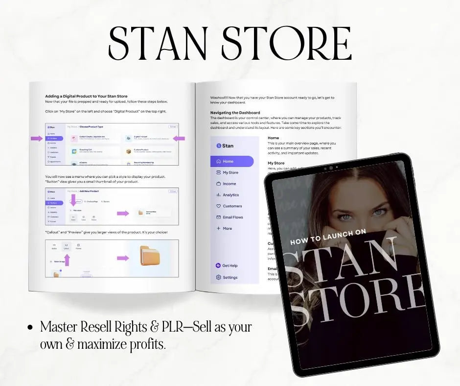 Stan Store platform interface on a computer screen with a tablet displaying 'How to Launch on Stan Store' book cover.