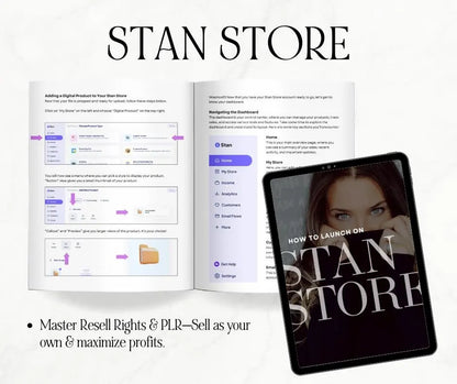 Stan Store platform interface on a computer screen with a tablet displaying 'How to Launch on Stan Store' book cover.
