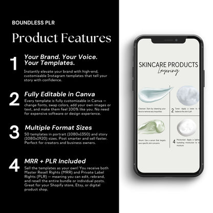 Skincare Social Media Templates | Canva Editable Instagram Posts, Stories & Reels | PLR + MRR Resell Rights Boundless PLR