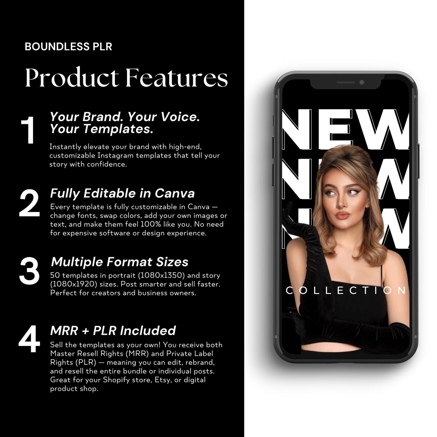 Fashion Social Media Templates | Canva Editable | MRR & PLR Resell Rights – 3 Sizes (1080×1080, 1080×1350, 1080×1920) Boundless PLR