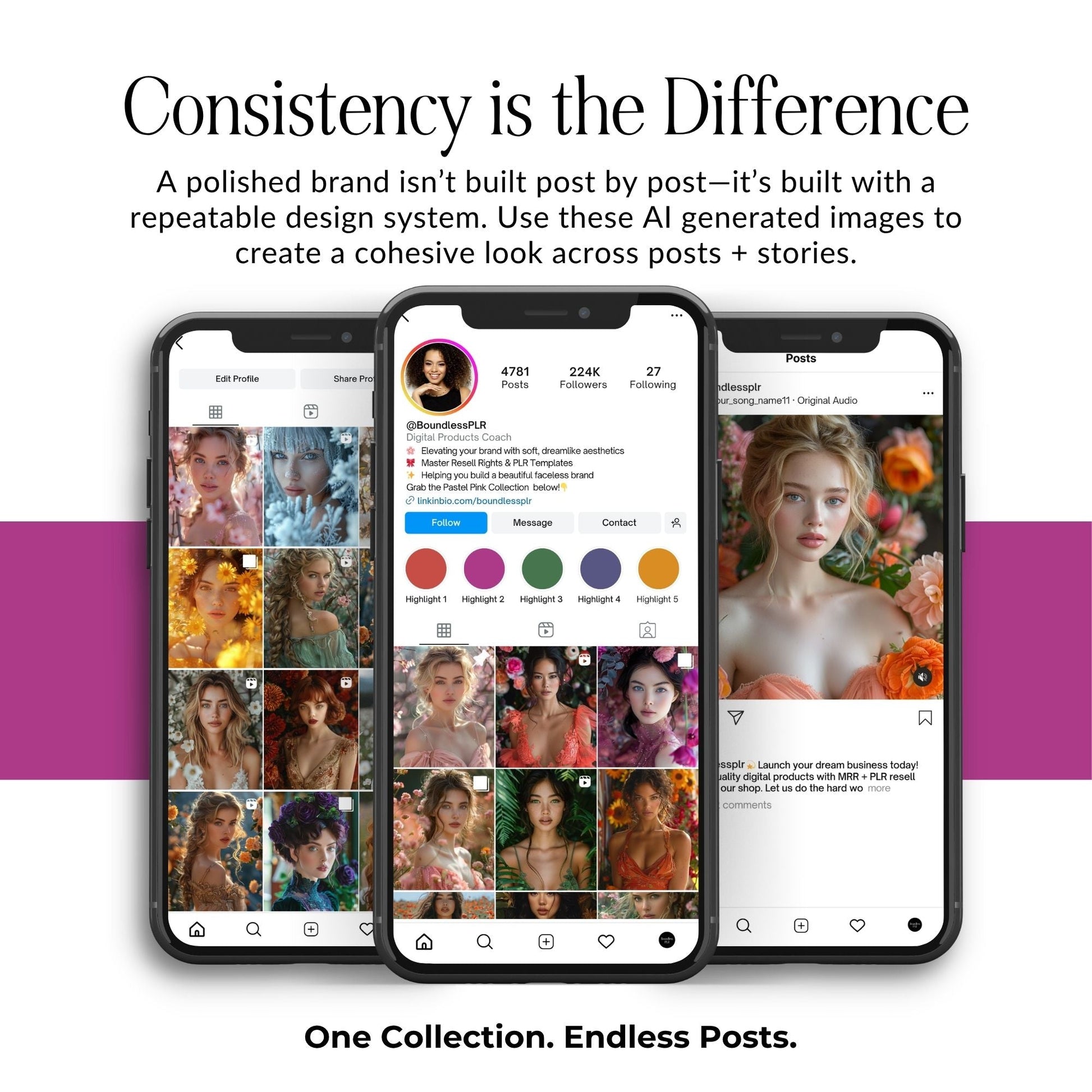 Feminine AI Stock Images Bundle | 3 Sizes: Portrait, Story, Square | PLR MRR Boundless PLR