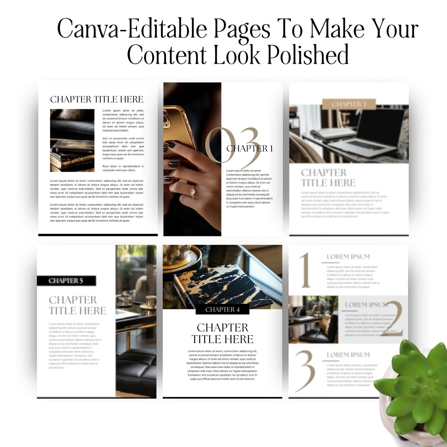 Canva eBook Template (Luxe Editorial) + Workbook & Guide Layouts | MRR + PLR + Bonus Black & Gold Stock Photos Boundless PLR