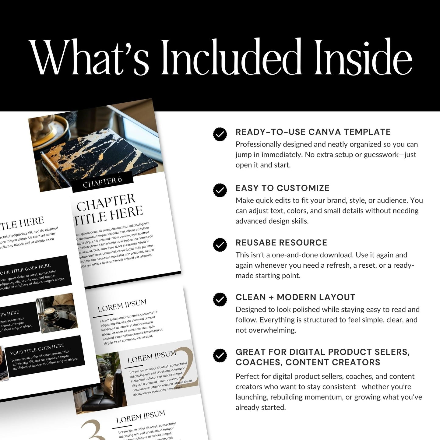 Canva eBook Template (Luxe Editorial) + Workbook & Guide Layouts | MRR + PLR + Bonus Black & Gold Stock Photos Boundless PLR