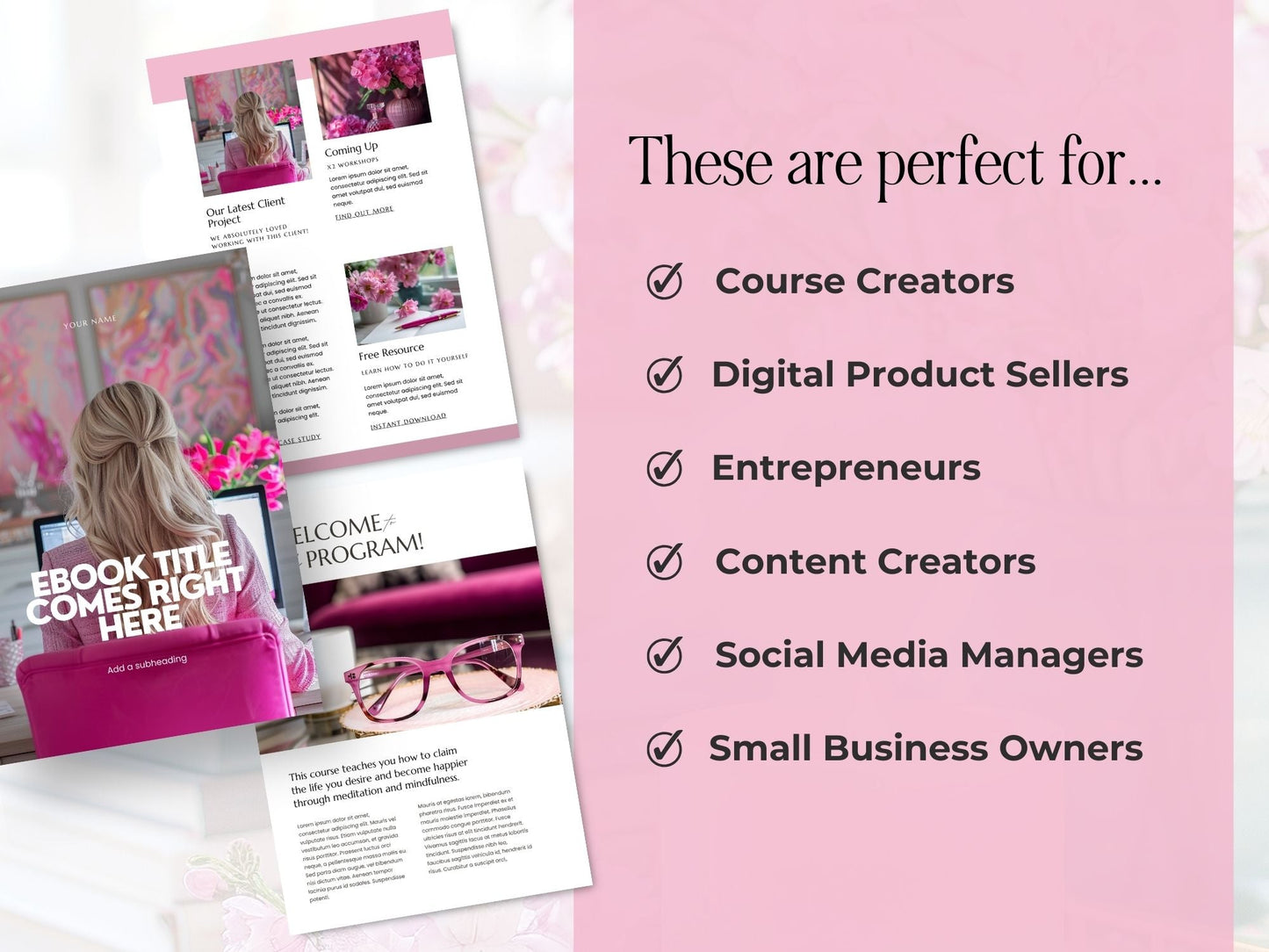 Canva eBook Template, Pink Editable Guide Workbook Template | MRR + PLR Resell Rights | US Letter and A4 Sizes | 4 Bonus Products Boundless PLR