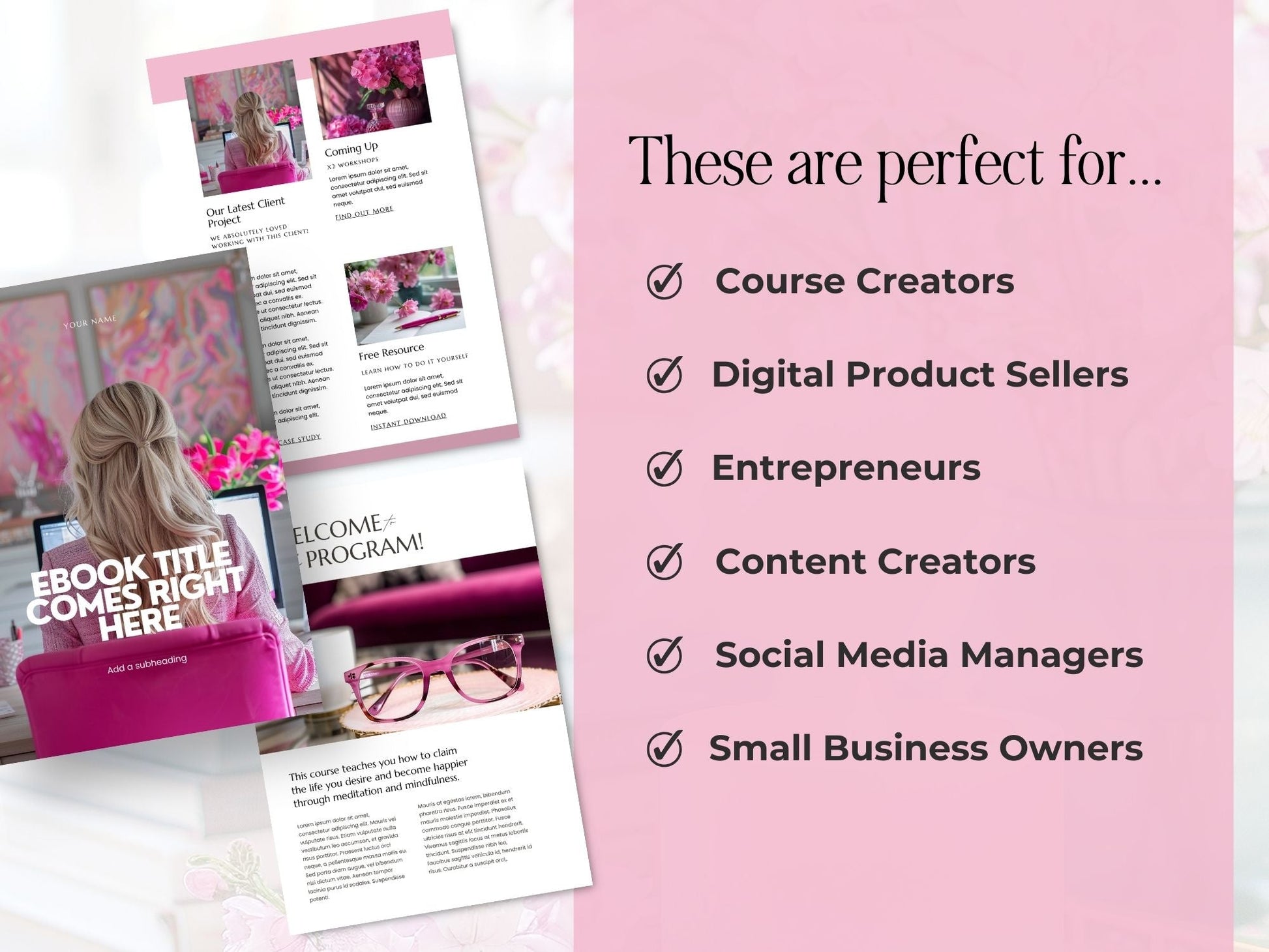 Canva eBook Template, Pink Editable Guide Workbook Template | MRR + PLR Resell Rights | US Letter and A4 Sizes | 4 Bonus Products Boundless PLR