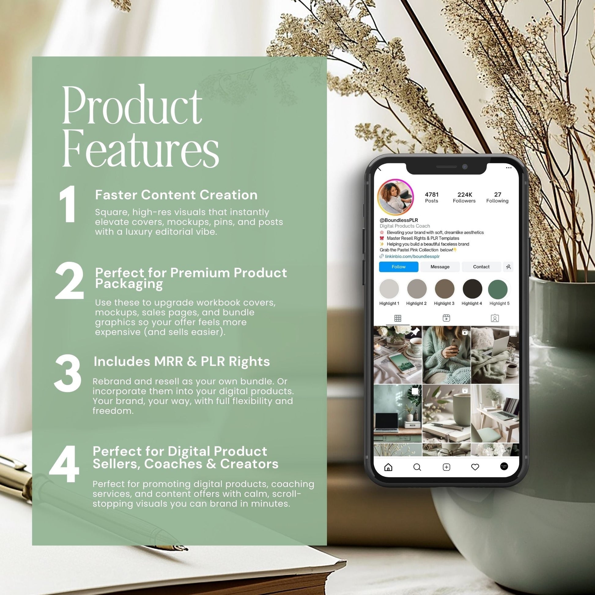 Sage Green Photo Pack (35 Canva Images) + MRR/PLR Resell Rights | 3 Sizes Boundless PLR