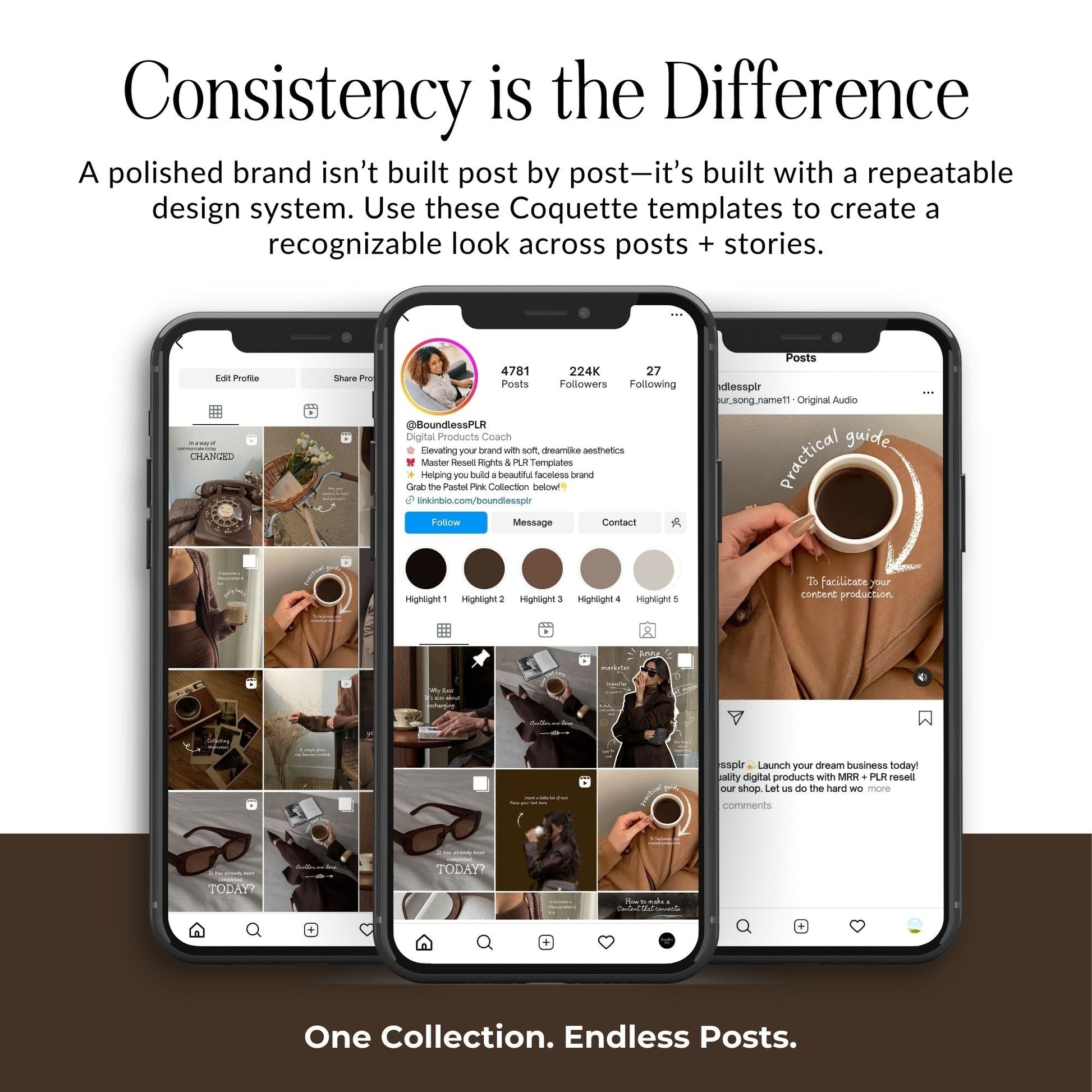 PLR Instagram Templates, 20 Brown Aesthetic Posts, Digital Products with MRR, Canva Editable Boundless PLR
