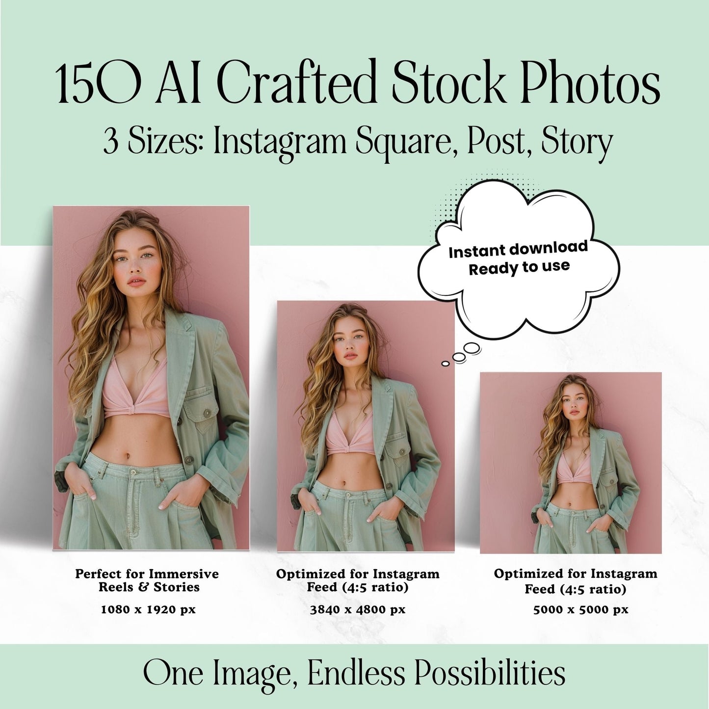 AI Stock Images Bundle | 150 Mint and Pink Stock Photos | 3 Sizes | PLR MRR Resell Rights Boundless PLR