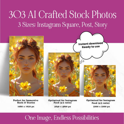 Feminine AI Stock Images Bundle | 3 Sizes: Portrait, Story, Square | PLR MRR Boundless PLR