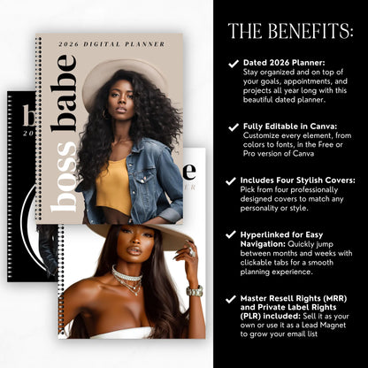 Boss Babe 2026 Digital Planner – Hyperlinked Canva Template with 4 Covers (GoodNotes & Notability Ready) Boundless PLR