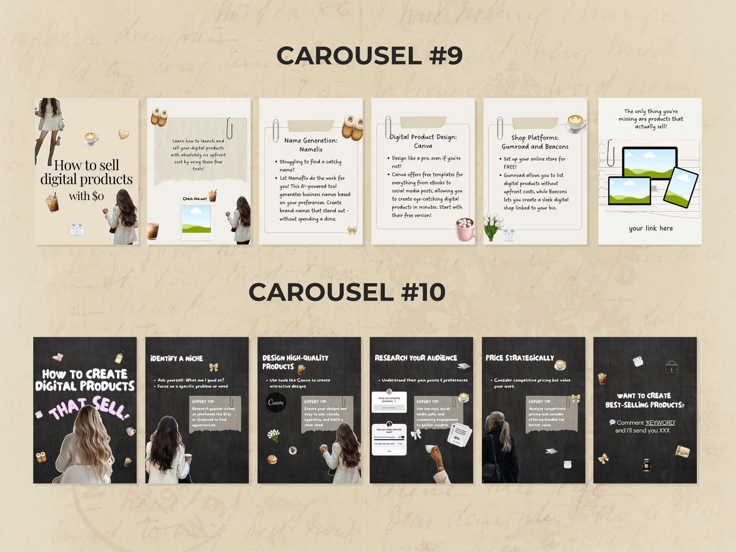10 Aesthetic Instagram Carousel Templates – Canva Editable with MRR & PLR + Bonus Stickers & Pinterest Guide Boundless PLR