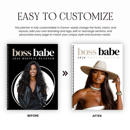 Boss Babe 2026 Digital Planner – Hyperlinked Canva Template with 4 Covers (GoodNotes & Notability Ready) Boundless PLR