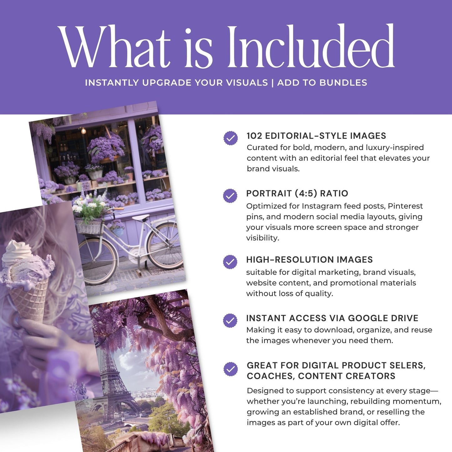 Purple Parisian AI Stock Images | 102 Lavender Aesthetic Canva Images with MRR + PLR Boundless PLR