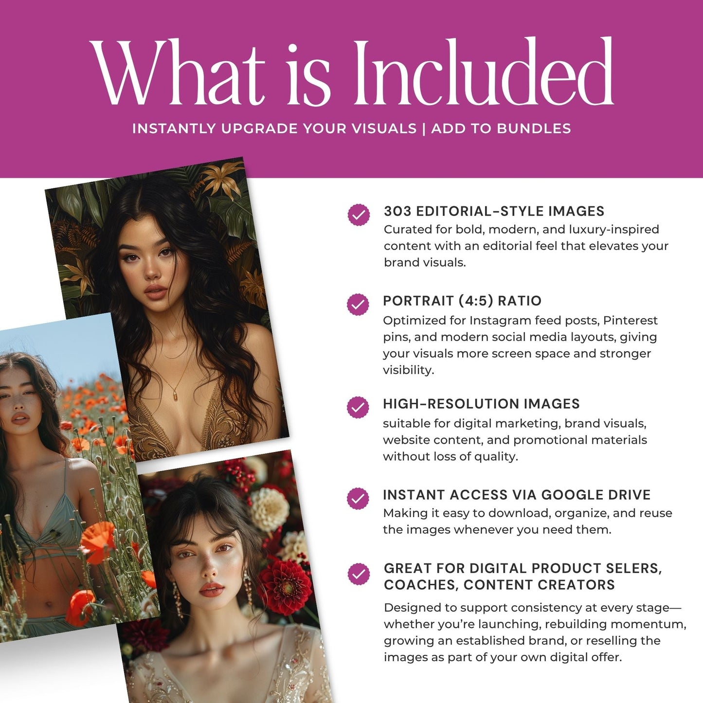 Feminine AI Stock Images Bundle | 3 Sizes: Portrait, Story, Square | PLR MRR Boundless PLR