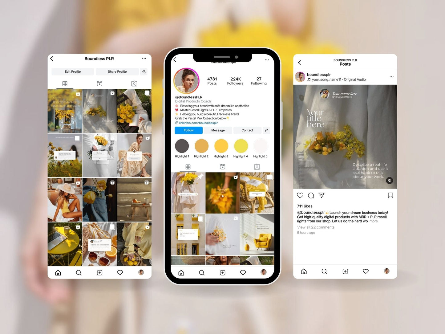 30 Yellow Instagram Templates Canva | PLR MRR Resell Rights | Social Media Posts | Digital Product Seller | 1080x1350 & 1080x1440 Boundless PLR