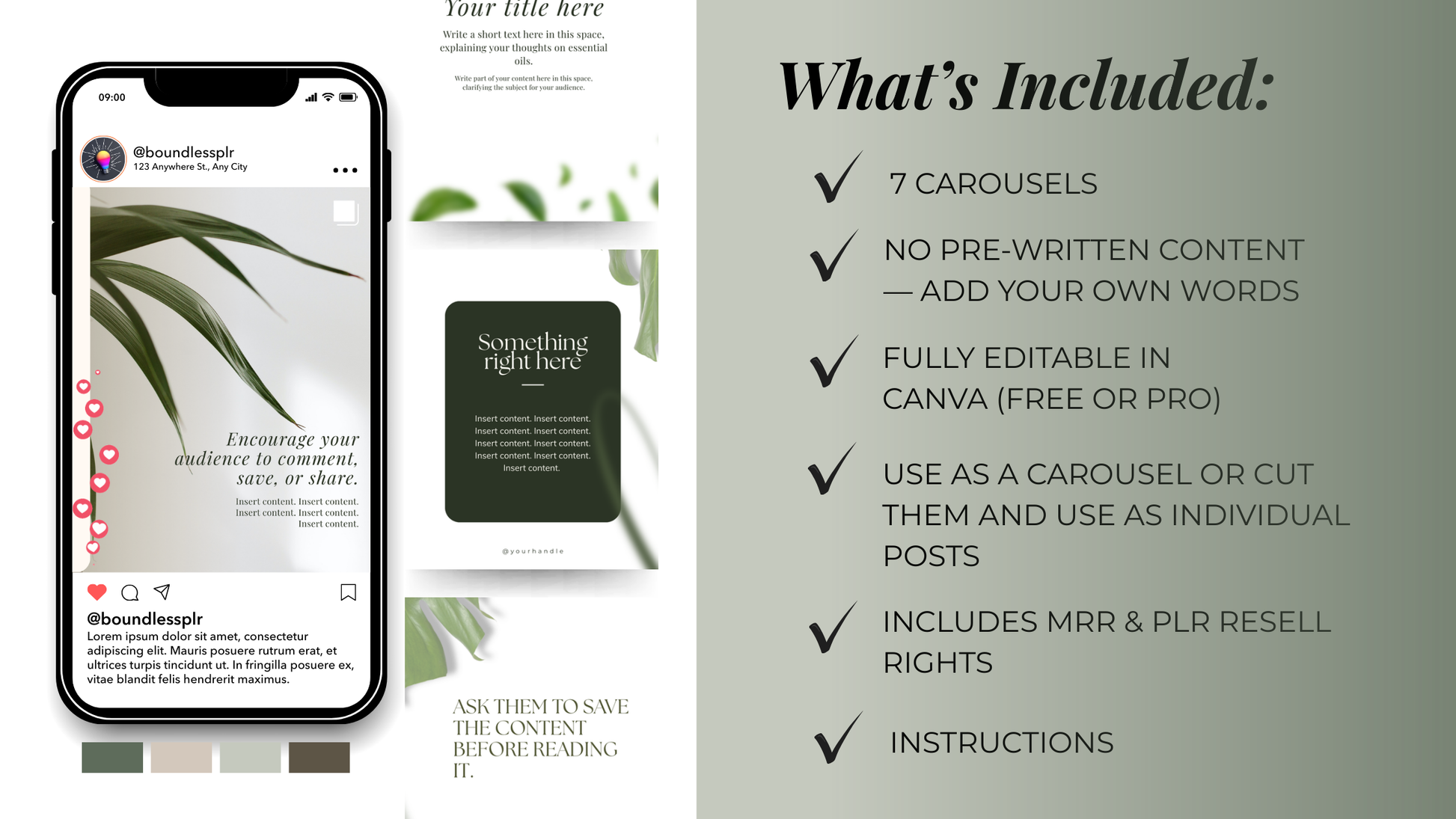 PLR Canva Carousel Templates — Evergreen Carousel Bundle | 7 Editable Social Media Templates with MRR Resell Rights Boundless PLR