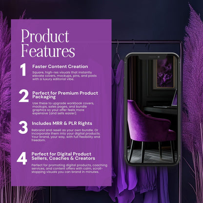 Luxury Faceless Stock Images: Purple Velvet Collection (45 Aesthetic Photos + MRR/PLR) Boundless PLR