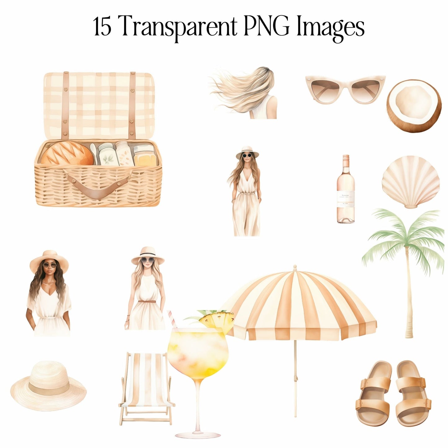 Beach Girl Clipart & Prompts Bundle  MRR PLR | Neutral Summer PNGs | Clipart Commercial Use + Bonus Boundless PLR