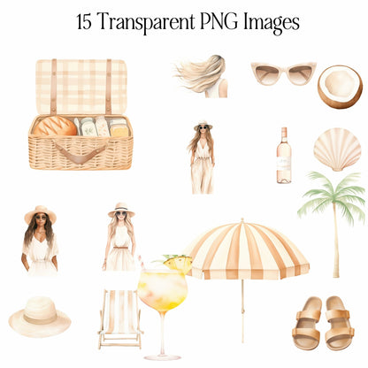 Beach Girl Clipart & Prompts Bundle  MRR PLR | Neutral Summer PNGs | Clipart Commercial Use + Bonus Boundless PLR