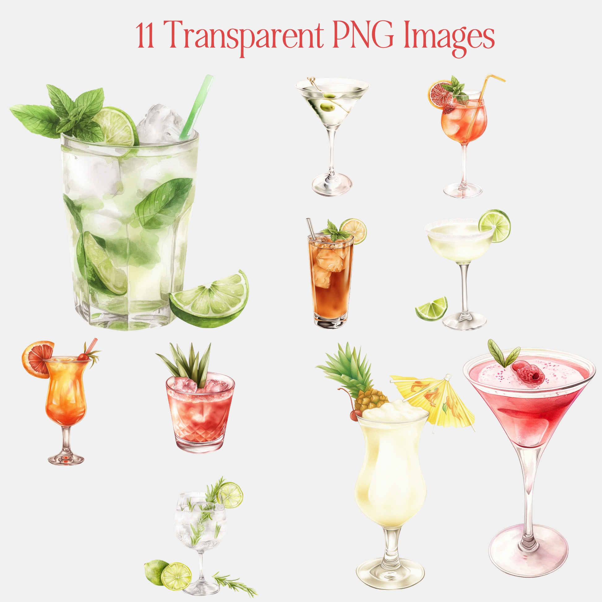 Cocktail Clipart Bundle: 11 Transparent PNGs + Cocktail Prompt Guide (Canva) + Bonus Canva Crash Course Boundless PLR