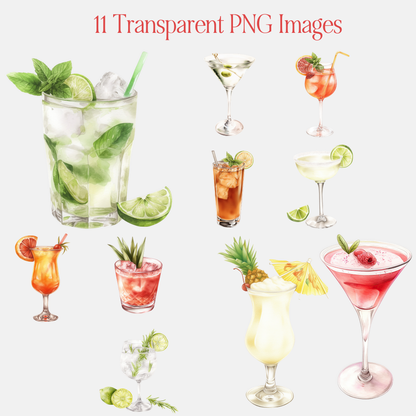 Cocktail Clipart Bundle: 11 Transparent PNGs + Cocktail Prompt Guide (Canva) + Bonus Canva Crash Course Boundless PLR
