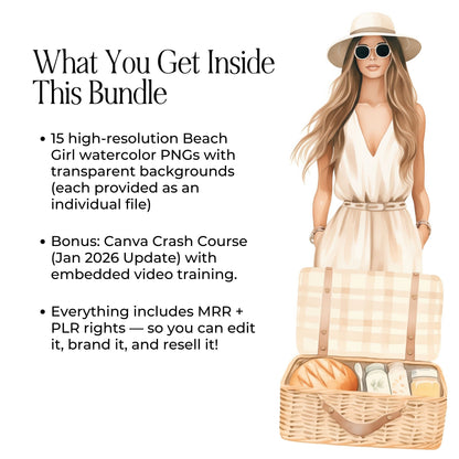 Beach Girl Clipart & Prompts Bundle  MRR PLR | Neutral Summer PNGs | Clipart Commercial Use + Bonus Boundless PLR