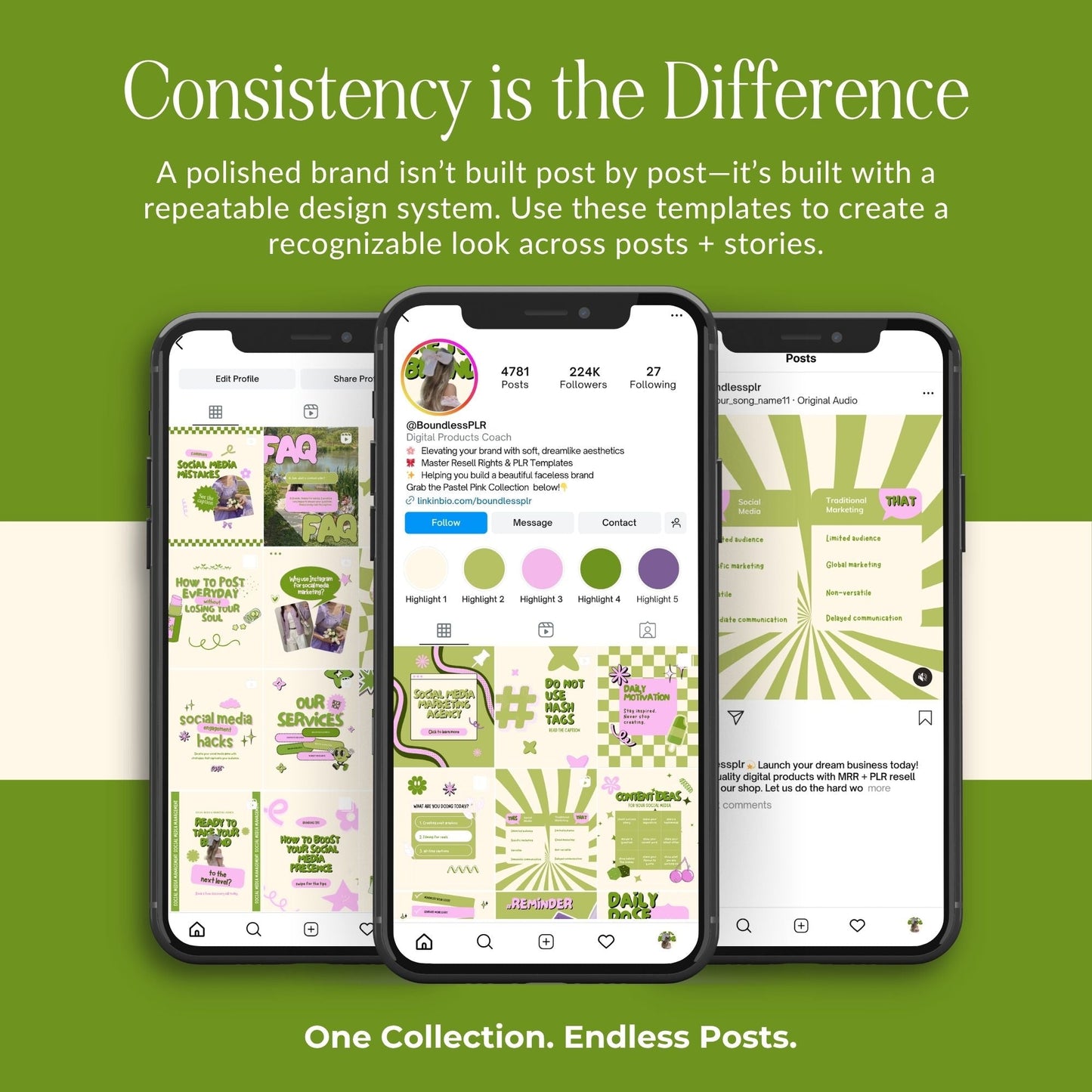 Animated Matcha Green Instagram Templates, Canva MRR PLR Business Social Media Kit, Mint Aesthetic Boundless PLR