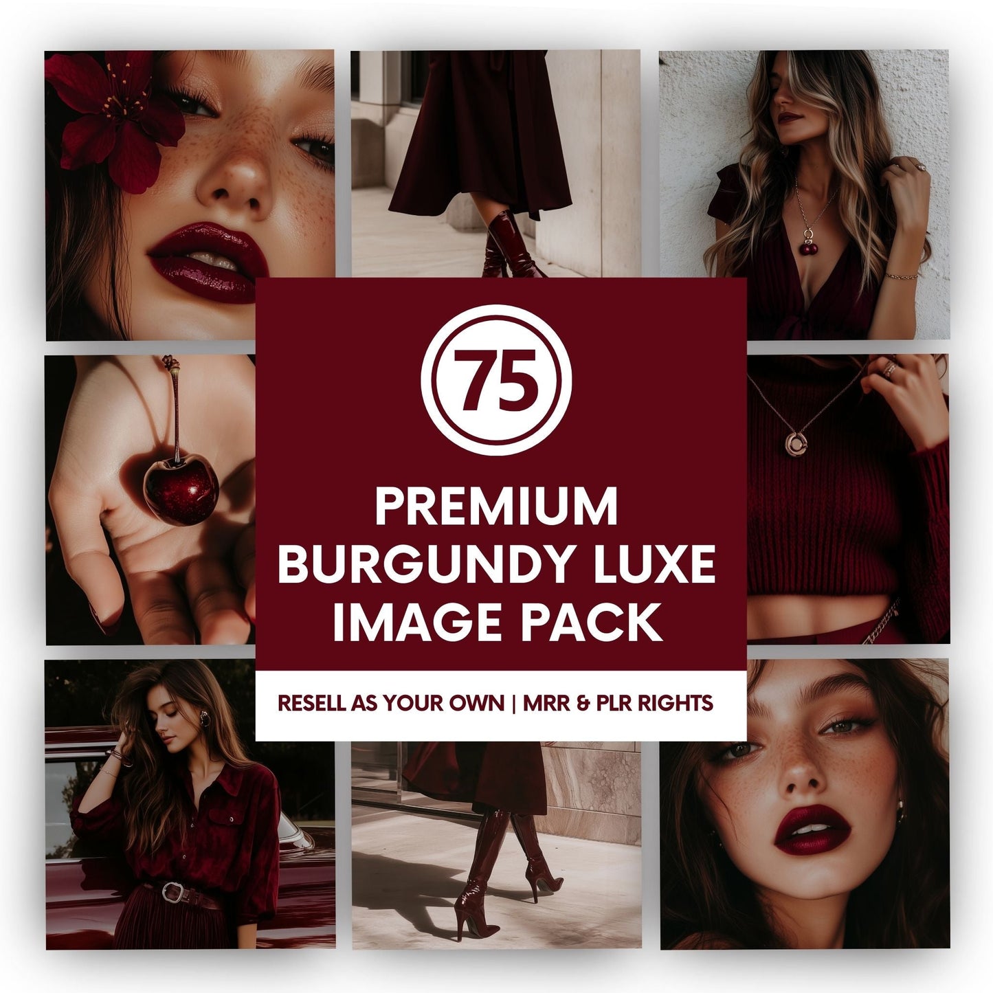 Burgundy Luxe AI Image Pack (75 Premium Images) Square + Story + MRR & PLR Rights Boundless PLR