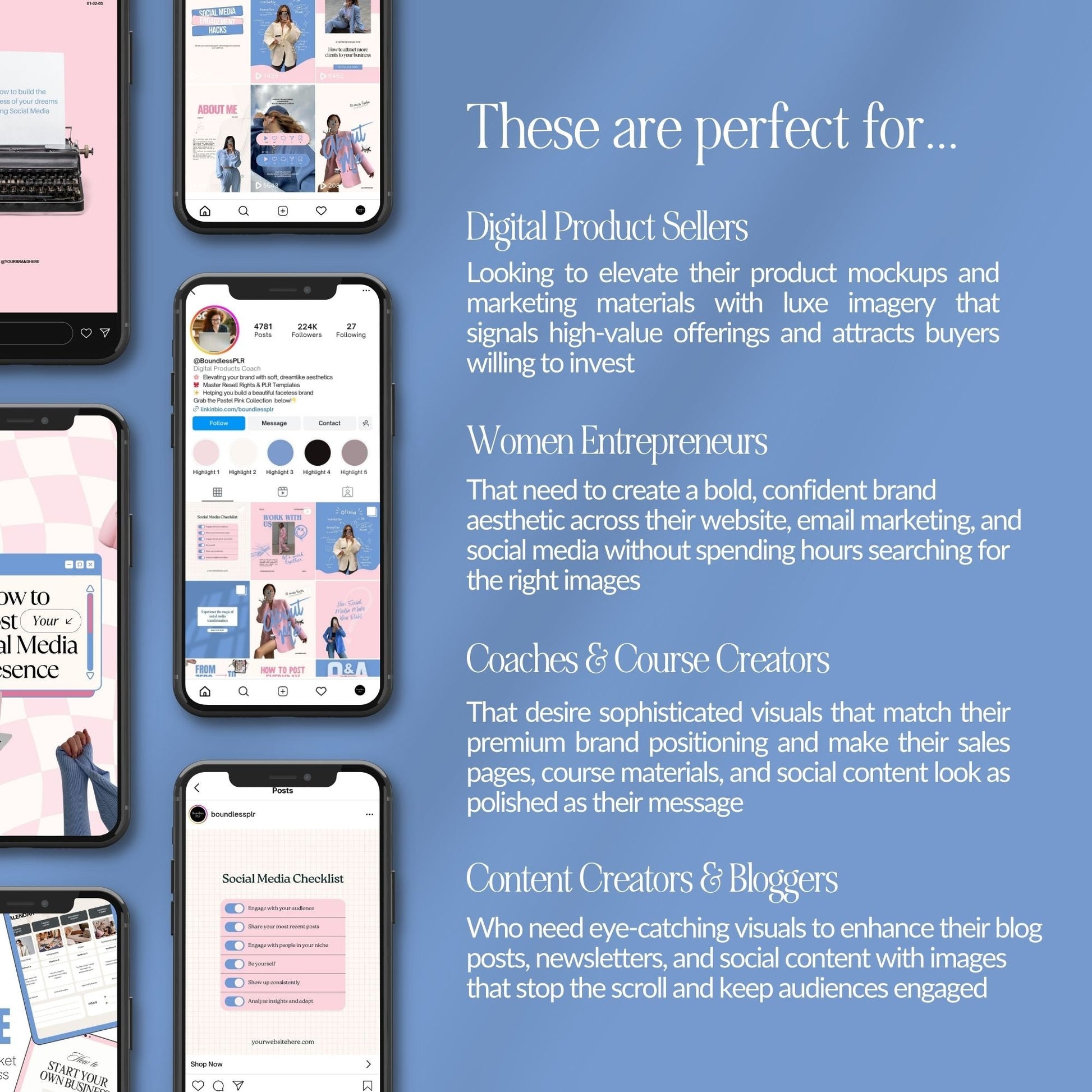 Pink & Blue Instagram Templates Pack (Canva Editable) | 50 Designs, 3 Sizes | MRR + PLR + Bonuses Boundless PLR