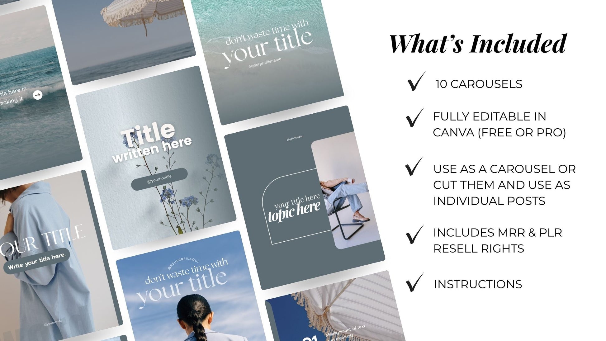 PLR Canva Carousel Templates — Coastal Carousel Bundle | 10 Editable Social Media Templates with MRR Resell Rights Boundless PLR