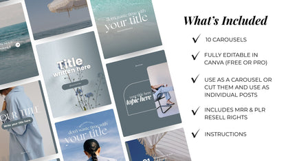 PLR Canva Carousel Templates — Coastal Carousel Bundle | 10 Editable Social Media Templates with MRR Resell Rights Boundless PLR