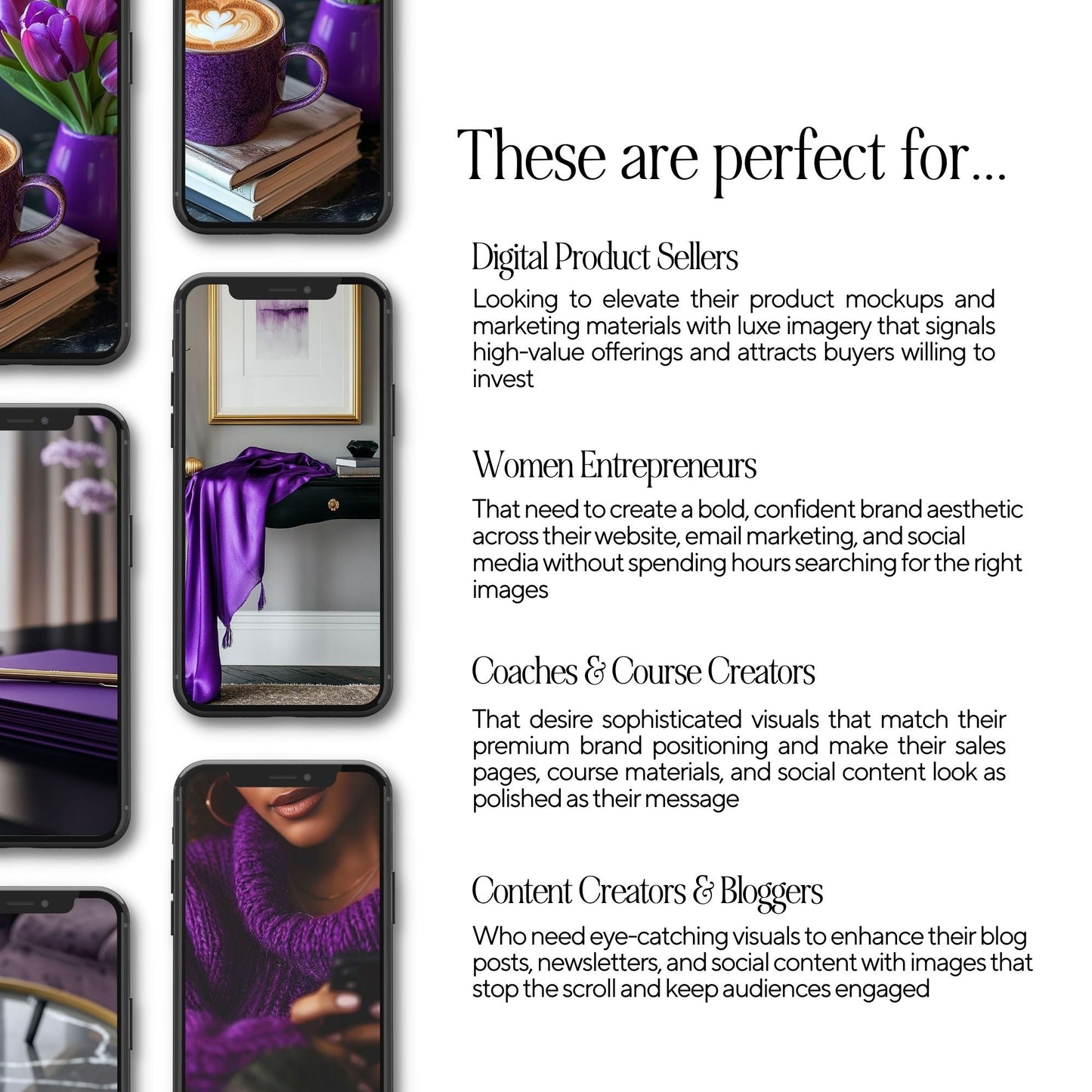Luxury Faceless Stock Images: Purple Velvet Collection (45 Aesthetic Photos + MRR/PLR) Boundless PLR