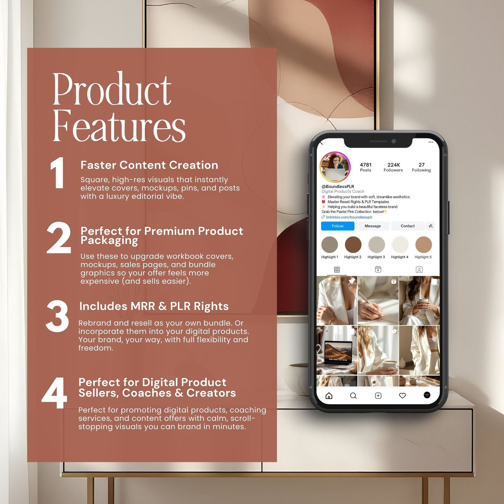 Luxury Feminine Branding Stock Photos | 100+ Neutral Aesthetic Images for Canva | MRR & PLR Faceless Marketing Content Bank Boundless PLR